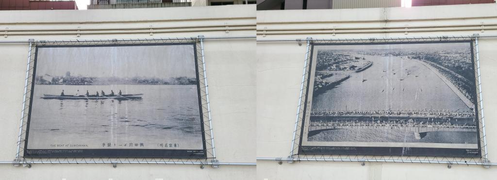 隅田川テラスにはかつての「隅田川ボート競争」の様子が… ここは隅田川。何の練習風景だと思いますか？