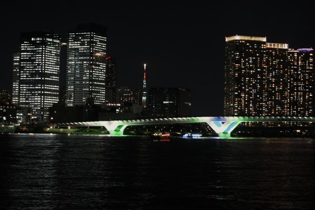 豊洲大橋の後ろには、なんと東京スカイツリー！ 対岸から眺める中央区夜景
