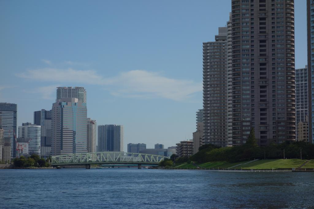 　相生橋と隅田川派川（晴海運河） 　隅田川テラスからの景観 < 新川公園 >