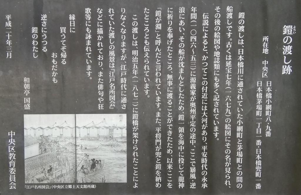 鎧（よろい）の渡し跡 説明板 映画「祈りの幕が下りる時」
　キーとなる１２の橋、ご紹介します　⑨
　　ー　９月　鎧橋　ー
