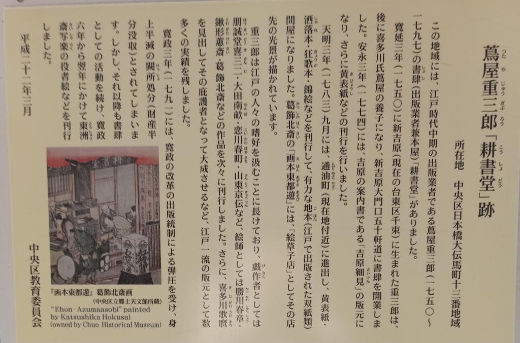 『耕書堂跡』は日本橋大伝馬町13番地 第3回蔦重勉強会　蔦屋重三郎
浮世絵の街・日本橋『歌麿さん写楽さん北斎さんが歩いた街』