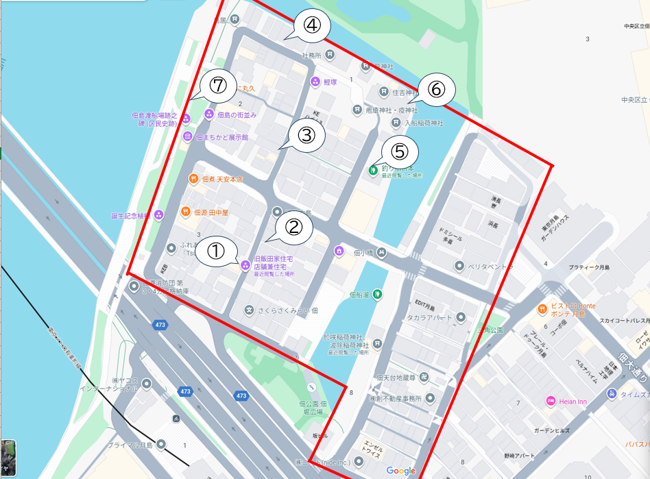周辺を徘徊して写真を撮った場所をプロット 「佃島」に残る昔のあれこれ（前編）