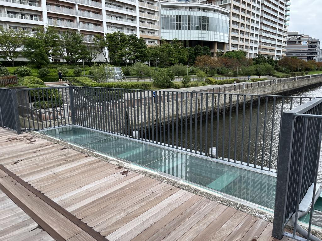 アクリルの床板で運河が見える 旧「晴海鉄道橋」の遊歩道　祝開通！！