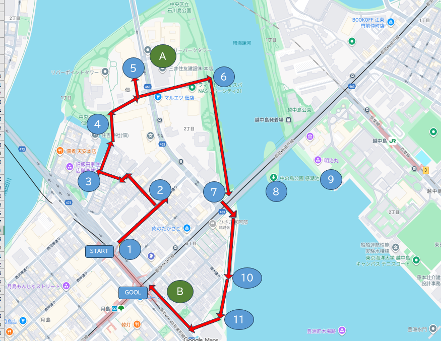 まわったコースはこちら わくわくツアーに参加してみた
「月の名所・月島と江戸から続く佃・石川島歴史」
