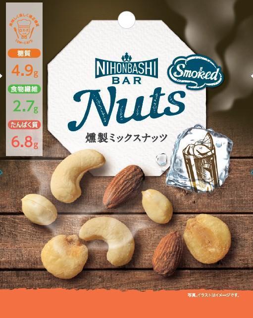 Nihonbashi Bar Nuts 燻製ミックスナッツ
３０ｇ
２９０円（税別）
賞味期間　１５０日 日本橋菓房 「Nihonbashi Bar」ブランドより
　「香りを愉しむ Nuts １３種のスパイス香るスモークナッツ」
　「Nuts 燻製ミックスナッツ」　発売
　　～　国分グループ本社・ROJI日本橋　～