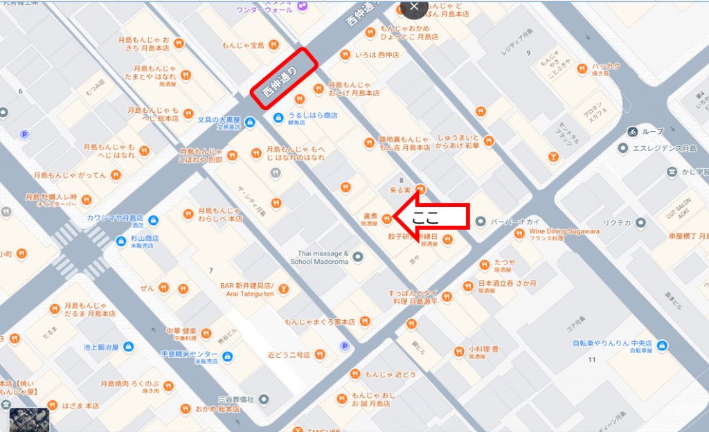 ◆お店の場所詳細（赤枠内を拡大） 月島名物レバーフライを探索・・もはや絶滅・・？　Part5