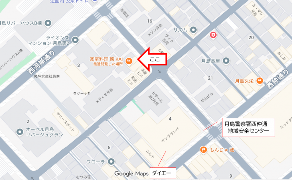 お店の場所詳細（赤枠内を拡大） 月島名物レバーフライを探索・・もはや絶滅・・？　Part6