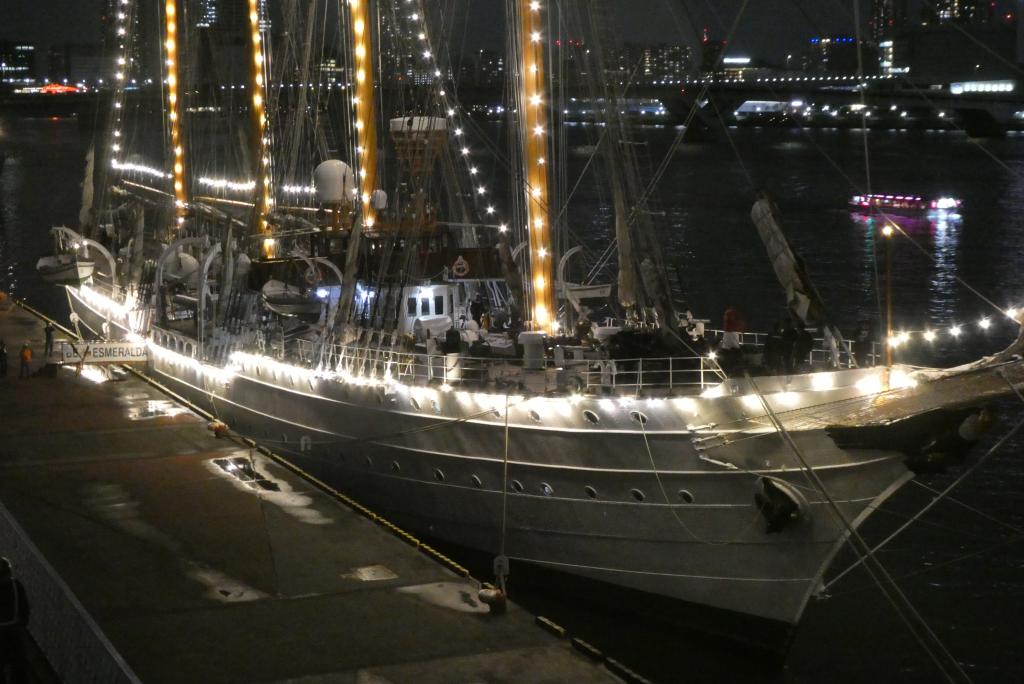 夜は電飾が灯されて綺麗 チリの大型帆船エスメラルダ　晴海に寄港